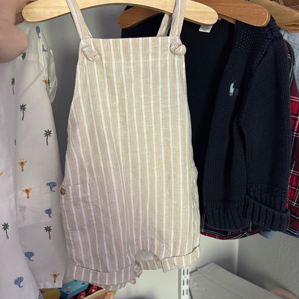 Janie and Jack Beige Striped Overalls